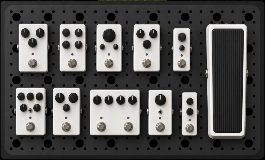 Top-down illustration of the Rawrawk Nebula board with eleven white, unbranded pedals and no cables
