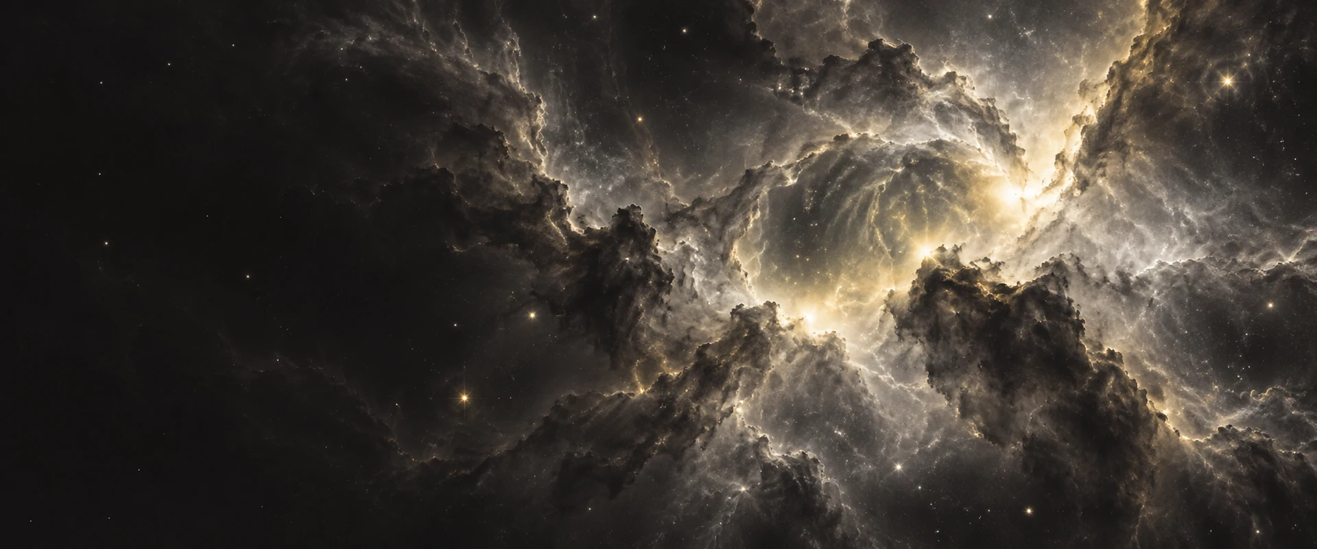 Artist’s impression of a nebula: pale yellow stars illuminate sweeping clouds of warm grey dust against charcoal space