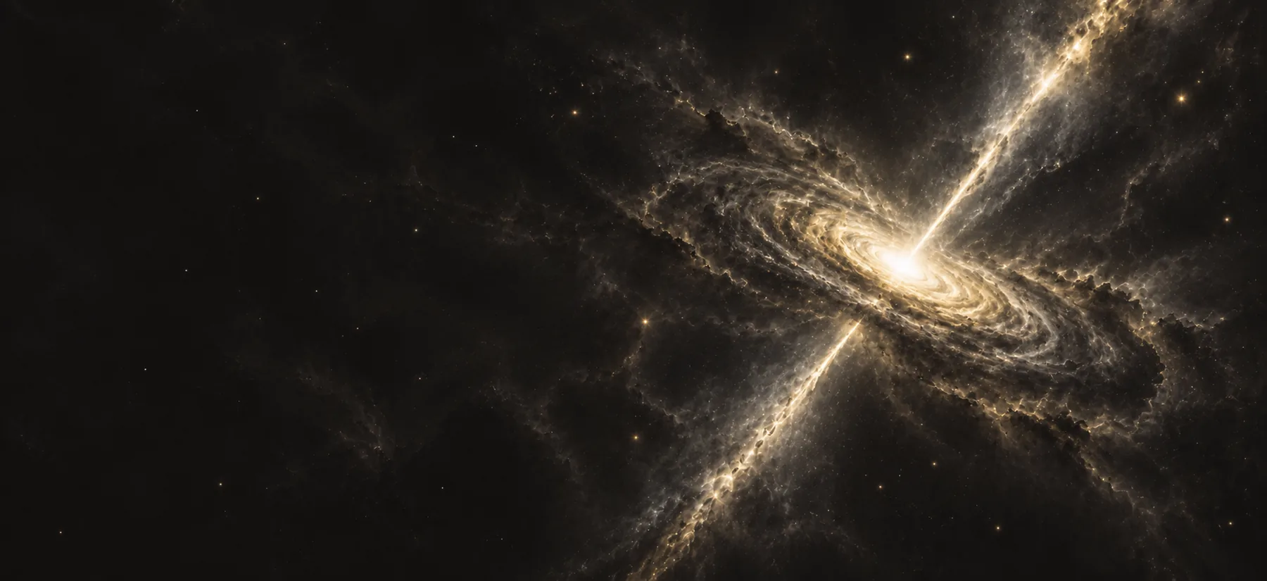 Artist's impression of a quasar with a luminous disc and twin jets in pale gold against deep charcoal space